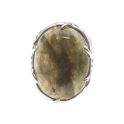 925 Sterling Silver Real Cabochon Labradorite Floral Ring Size 9.25