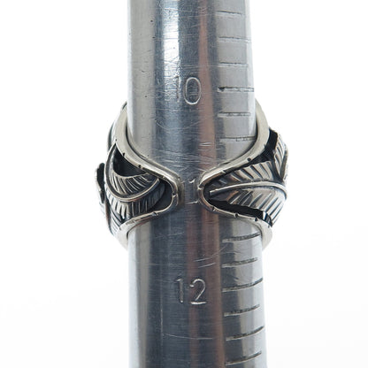 925 Sterling Silver Vintage Mexico Black Onyx Feather Adjustable Ring Size 11.25