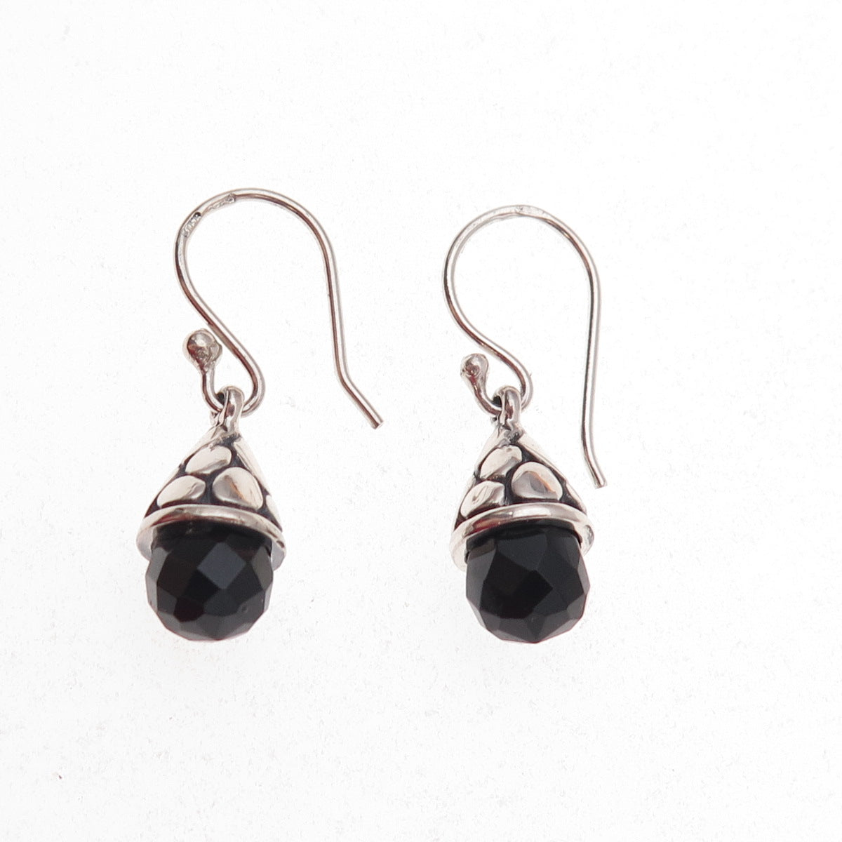 925 Sterling Silver Vintage Real Black Onyx Teardrop Dangle Earrings