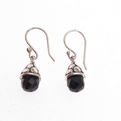 925 Sterling Silver Vintage Real Black Onyx Teardrop Dangle Earrings