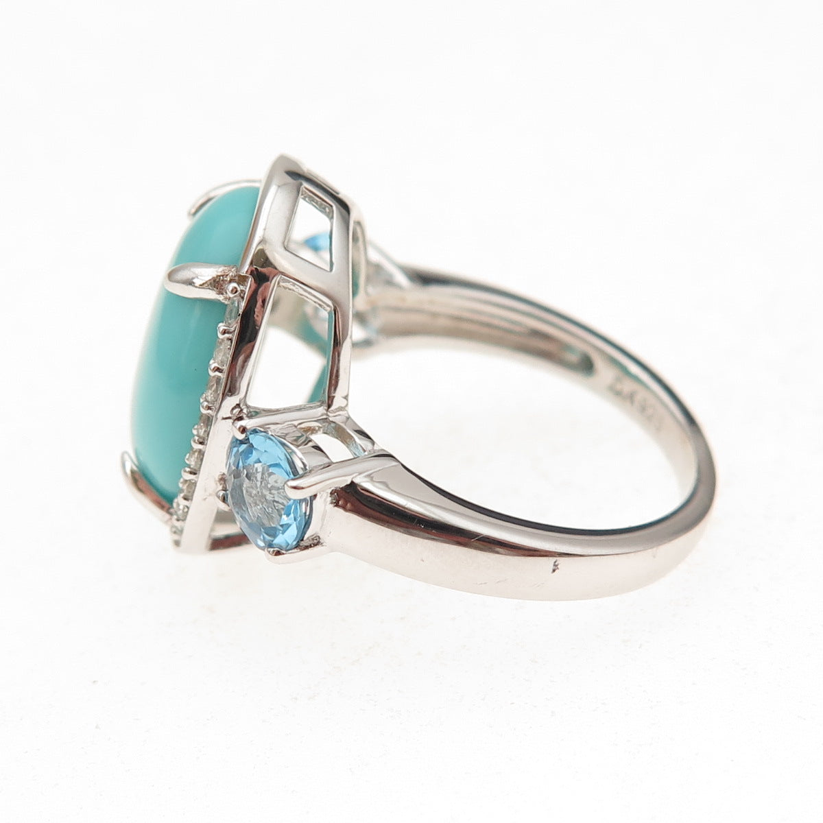 925 Sterling Silver Real Turquoise Blue & White Topaz Ring Size 8