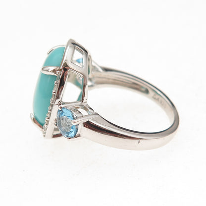 925 Sterling Silver Real Turquoise Blue & White Topaz Ring Size 8