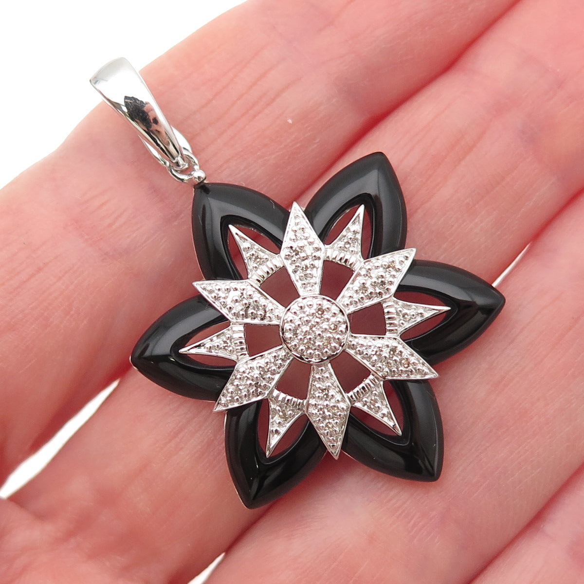 925 Sterling Silver Real Diamond & Black Onyx Floral Charm Pendant