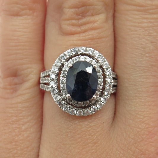 925 Sterling Silver Real White Topaz & Sapphire Gemstone Ring Size 6.25