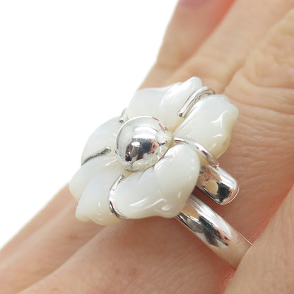 RIDER 950 Silver Vintage Real Carved MOP Flower Adjustable Ring Size 8.5