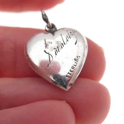 925 Sterling Silver Antique Art Deco Engraved Chatelaine Heart Charm Pendant