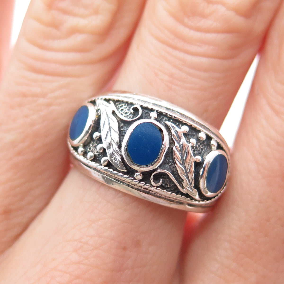 925 Sterling Silver Vintage Real Lapis Lazuli Feather Oxidized Ring Size 9