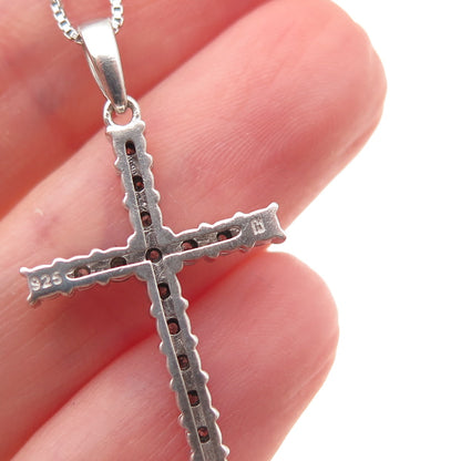 925 Sterling Silver Real Round-Cut Diamond Cross Box Chain Necklace 18"