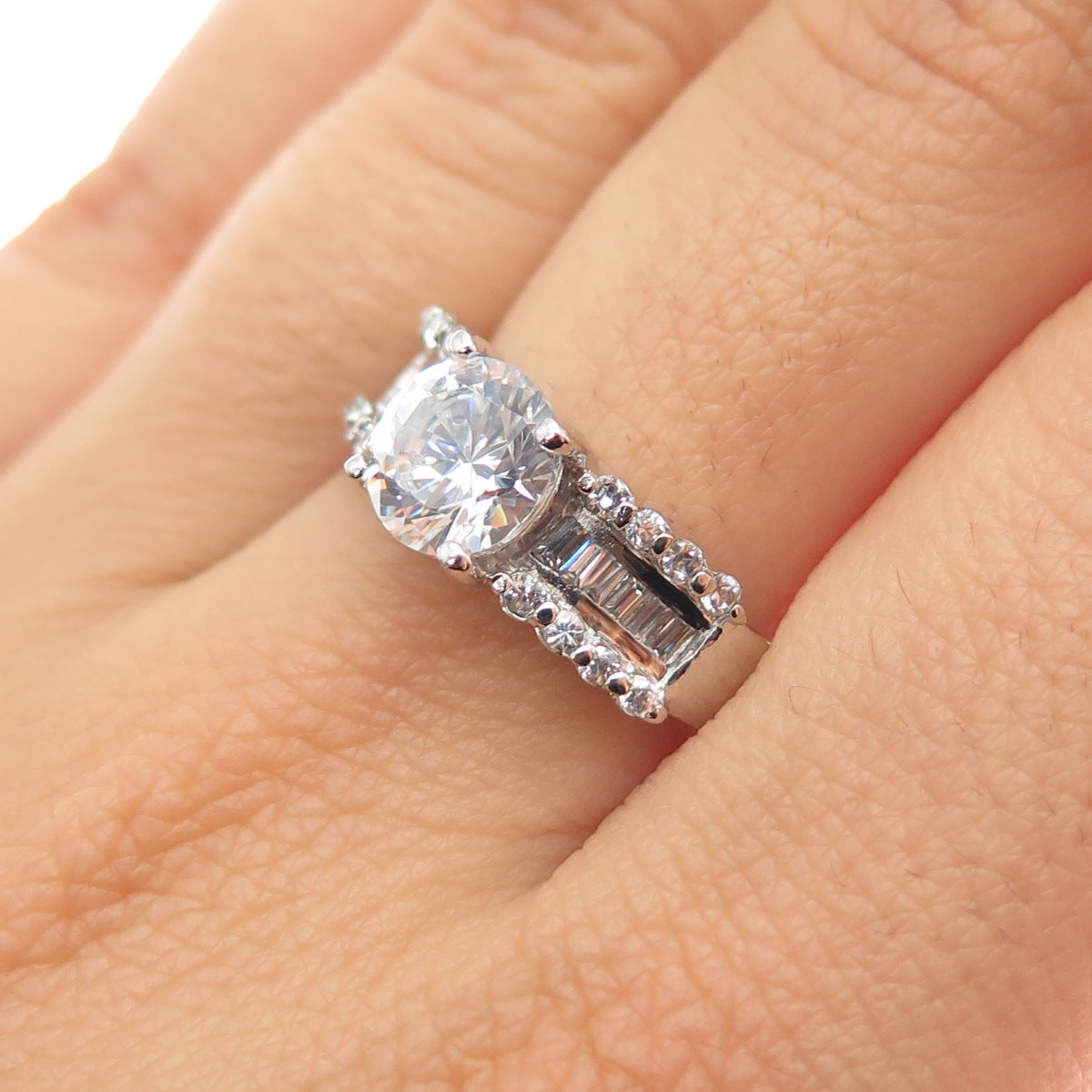 925 Sterling Silver Vintage Round & Emerald-Cut C Z Engagement Ring Size 8