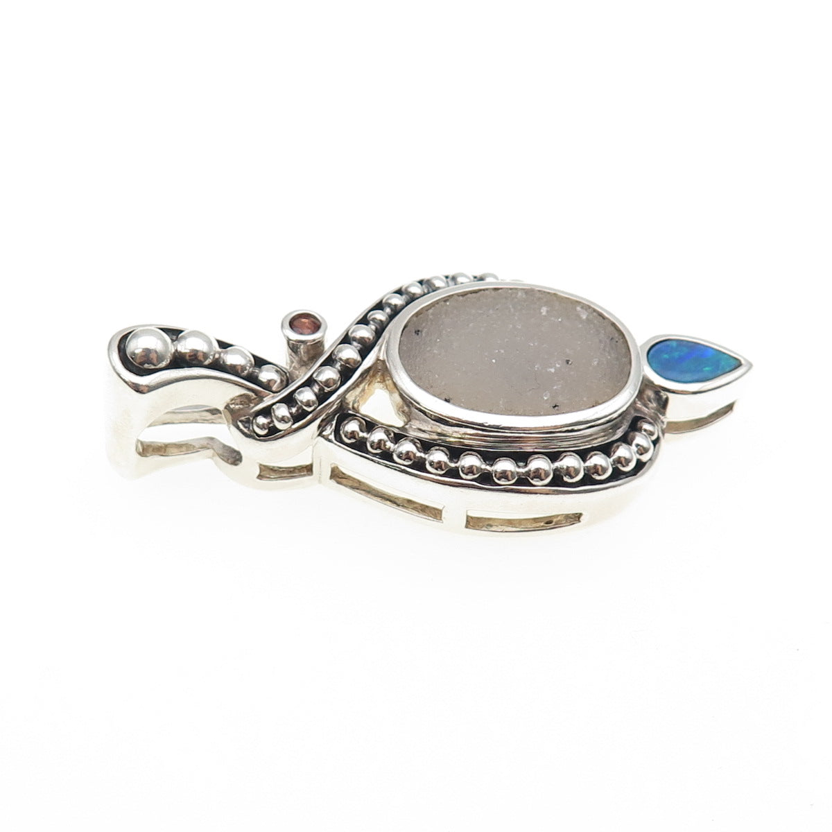 WHITNEY KELLY 925 Sterling Silver Vintage Real Opal Druzy & Red Garnet Pendant