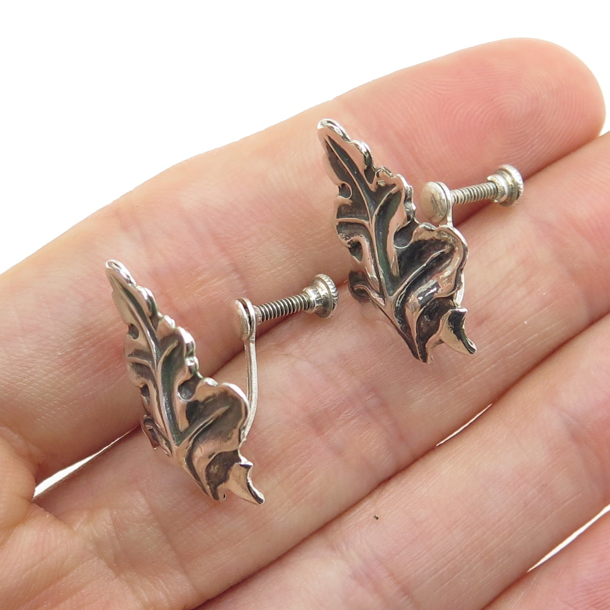 925 Sterling Silver Antique Art Deco Leaf Screw Back Earrings