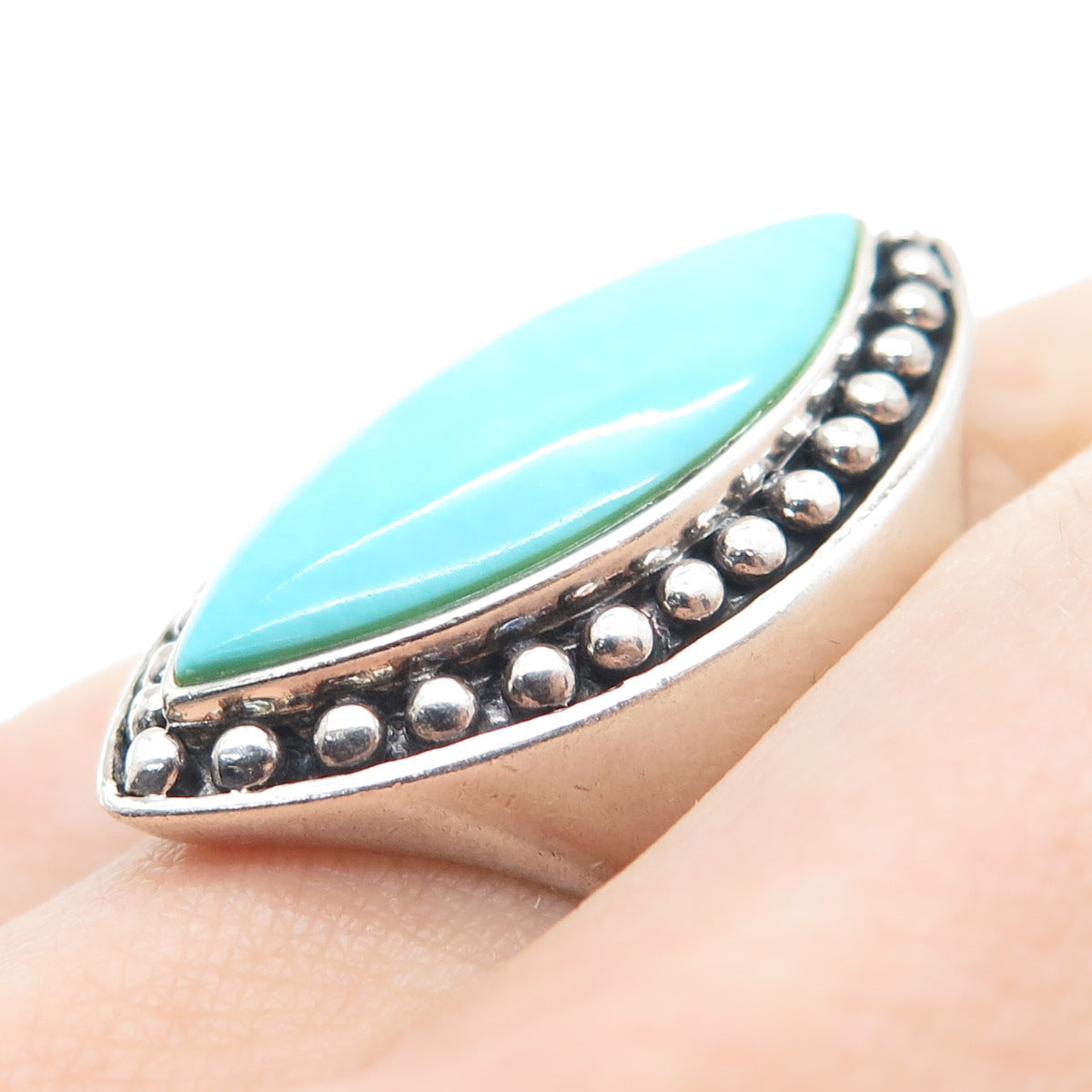 SX SALLY C 925 Sterling Silver Vintage Marquise-Cut Turquoise Beaded Ring Size 7