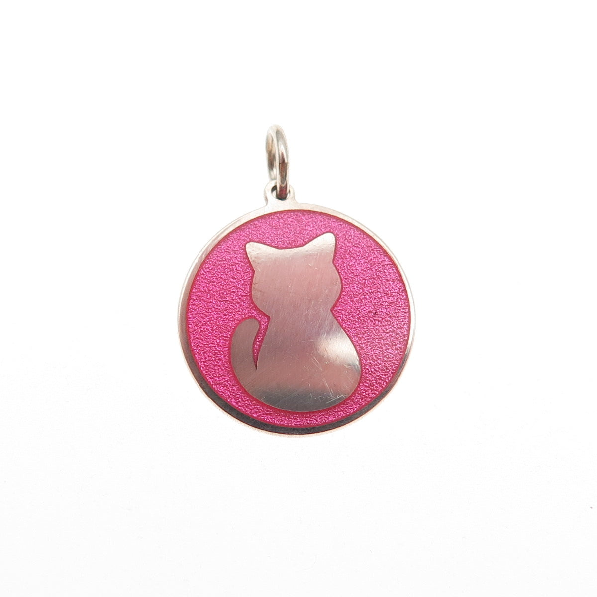 925 Sterling Silver Pink Enamel Cat Round Tag Mini Charm Pendant