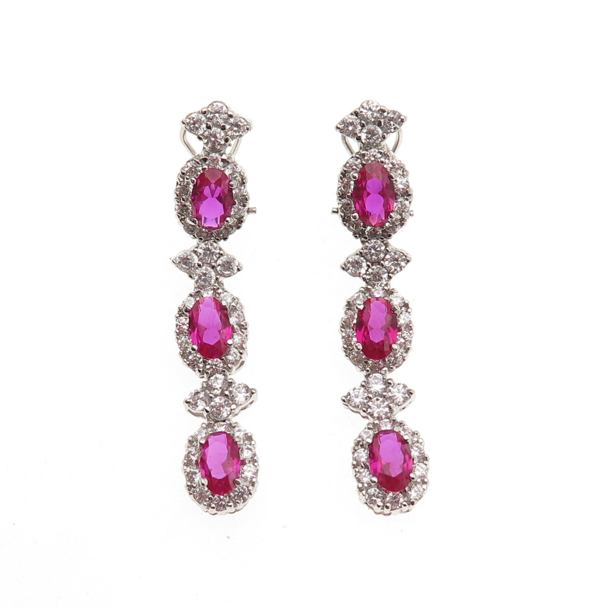 925 Sterling Silver Lab-Created Ruby & C Z Bohemian Omega Back Earrings