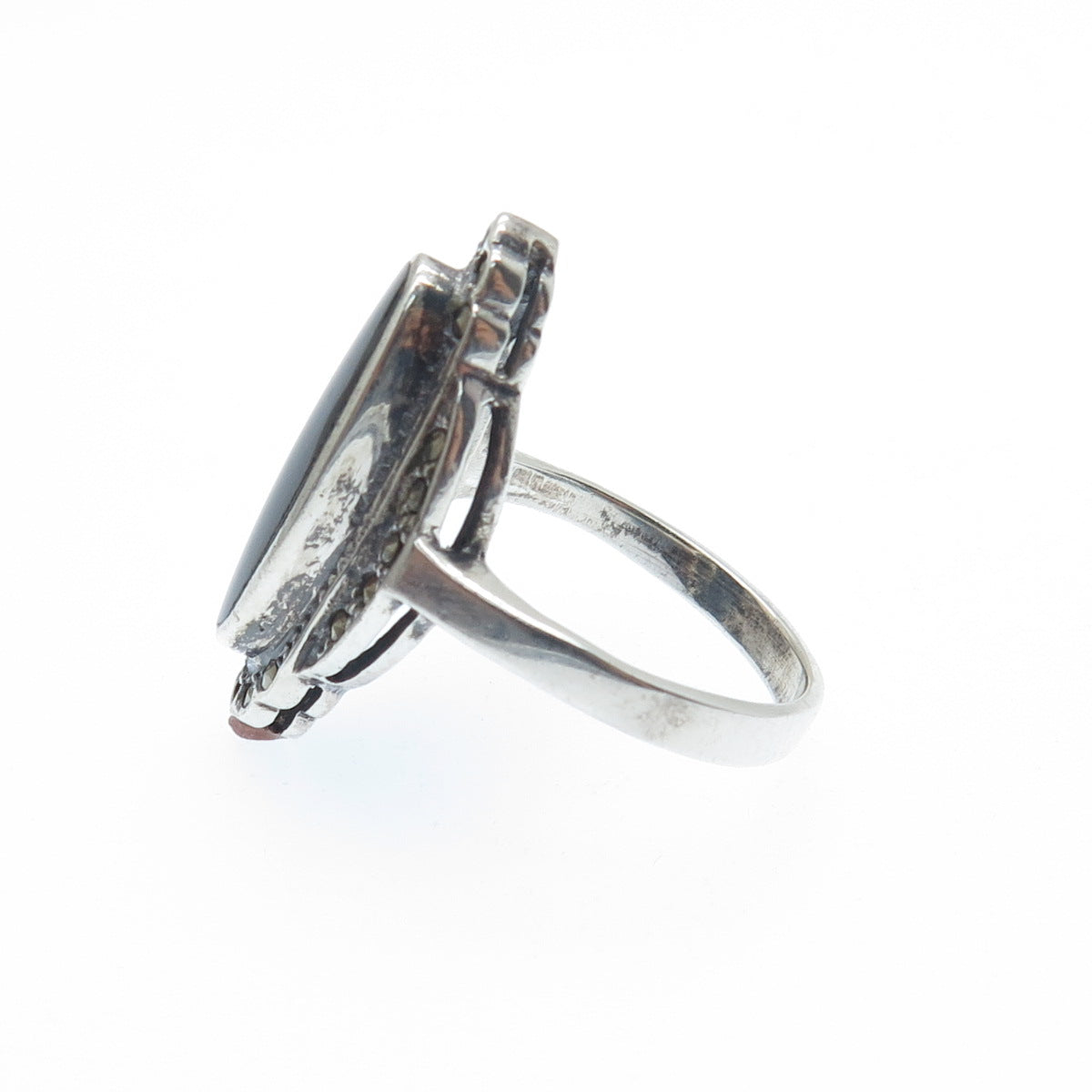 CHAPAL ZENRAY 925 Sterling Silver Vintage Real Black Onyx Marcasite Ring Size 8