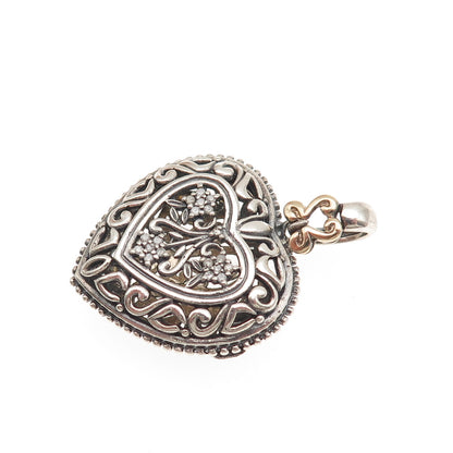 925 Sterling Silver 14K Gold Real Diamond Ornate Heart Locket Charm Pendant