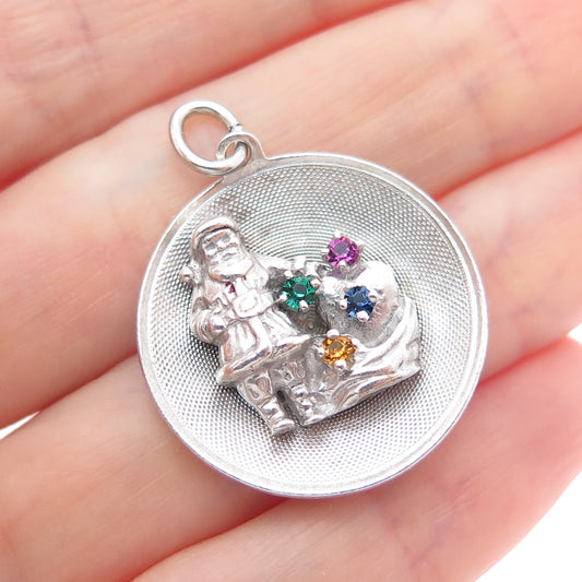 JEANOR Sterling Silver Vintage Multi-Color Rhinestone Santa Claus Charm Pendant