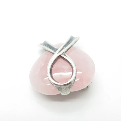925 Sterling Silver Vintage Shube Real Rose Quartz Cancer Awareness Pin Brooch