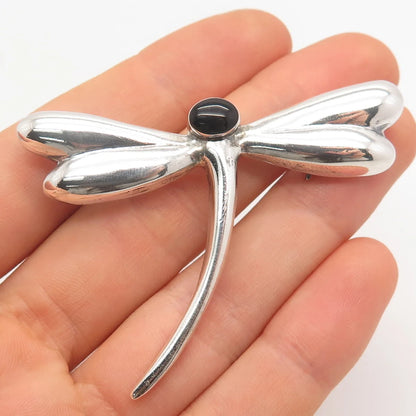 925 Sterling Silver Vintage Real Black Onyx Gemstone Butterfly Pin Brooch
