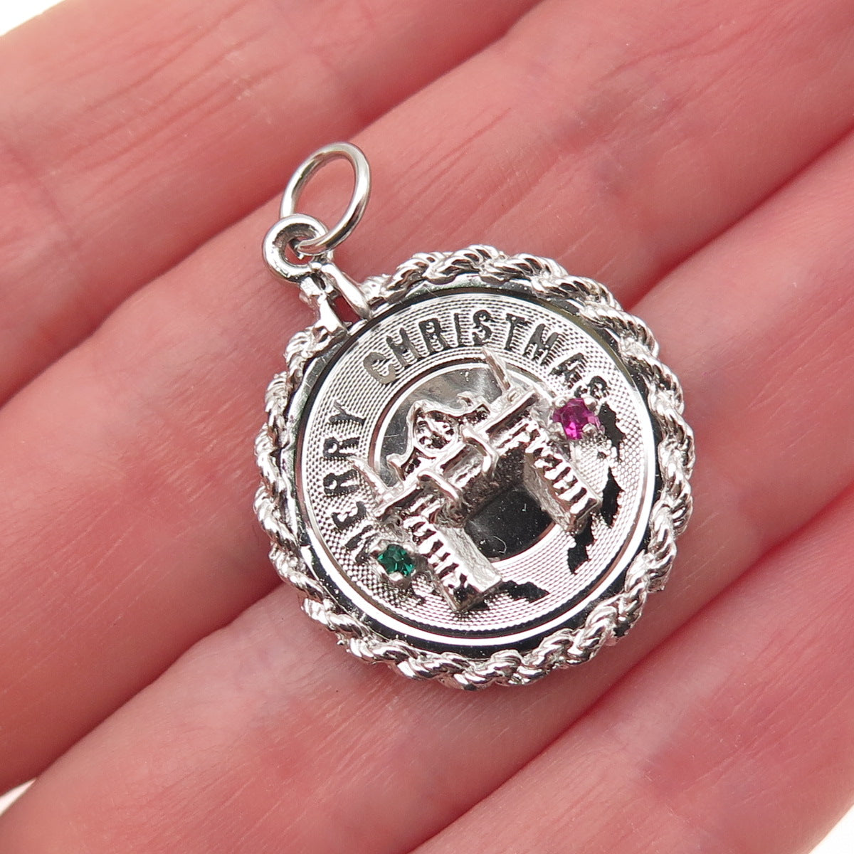 925 Sterling Silver Vintage Rhinestone Fireplace Merry Christmas Charm Pendant
