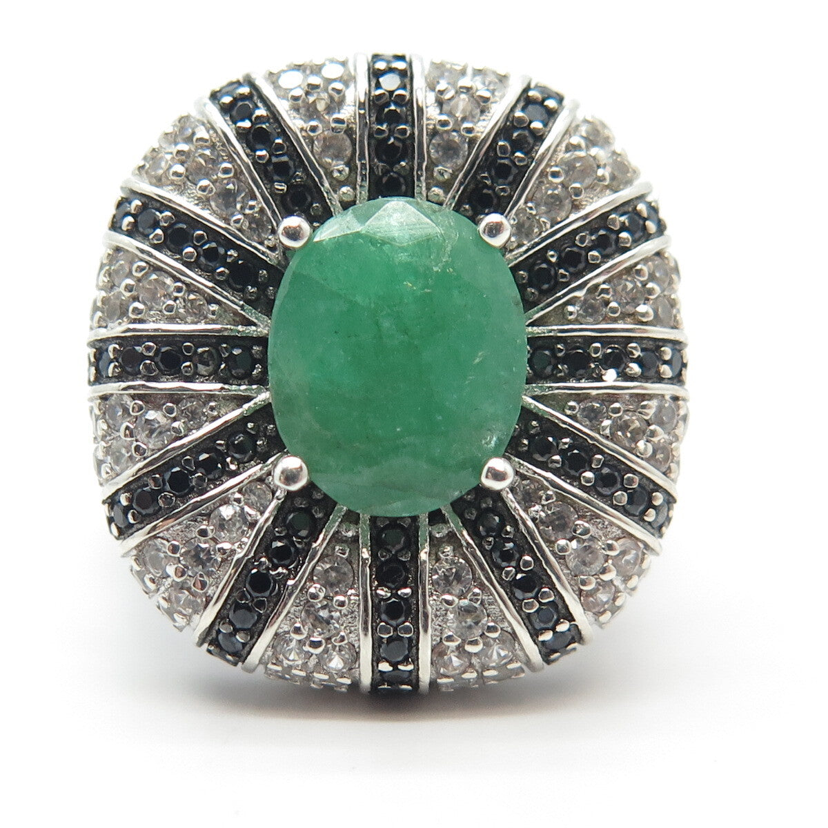 925 Sterling Silver Real Emerald White Topaz & Black Spinel Gemstone Ring Size 8