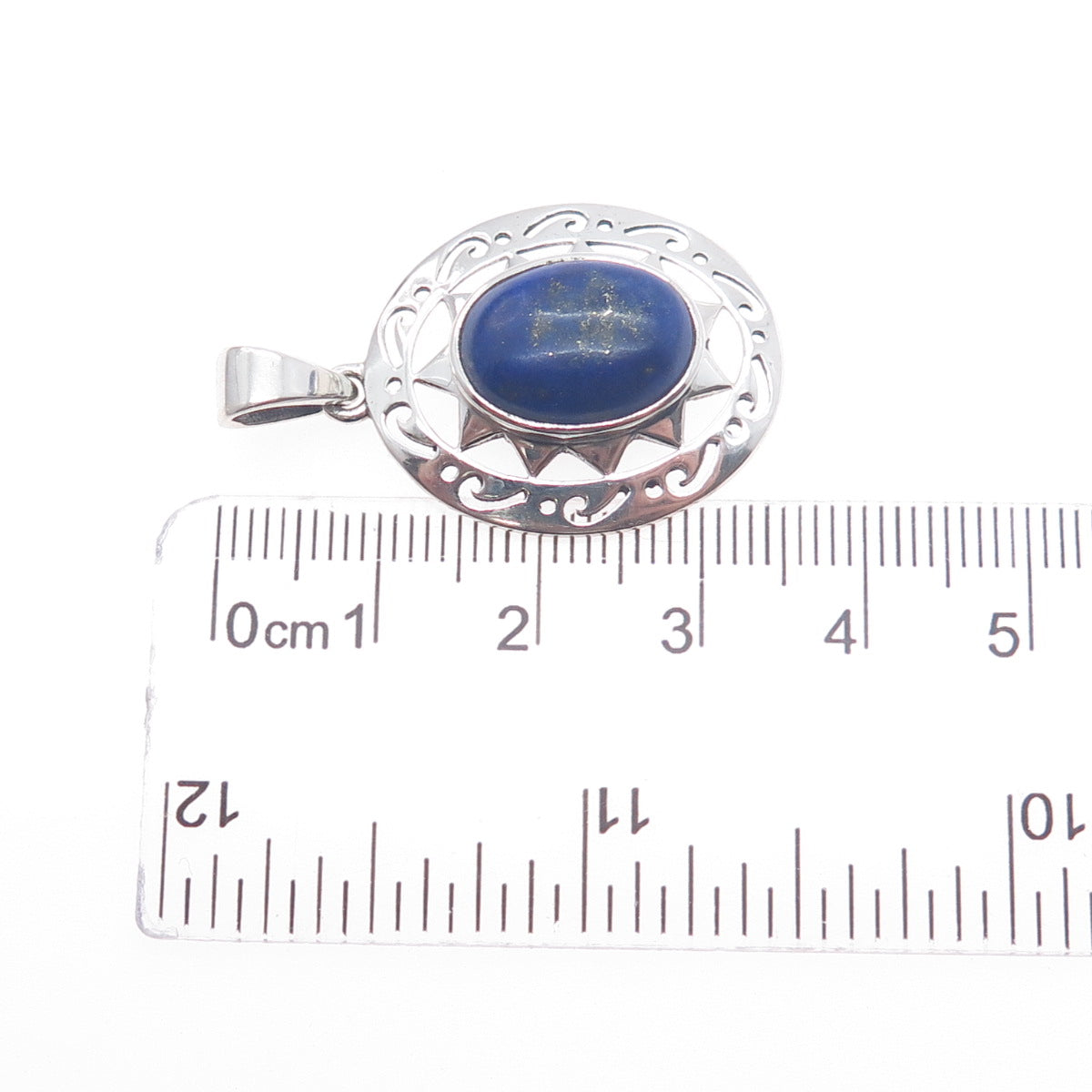 925 Sterling Silver Vintage Real Lapis Lazuli Ornate Sun Charm Pendant