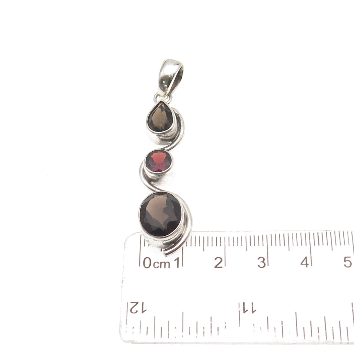 925 Sterling Silver Vintage Real Smoky Quartz & Red Garnet Wavy Charm Pendant