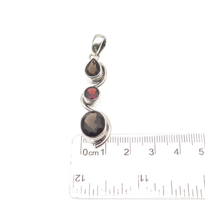 925 Sterling Silver Vintage Real Smoky Quartz & Red Garnet Wavy Charm Pendant