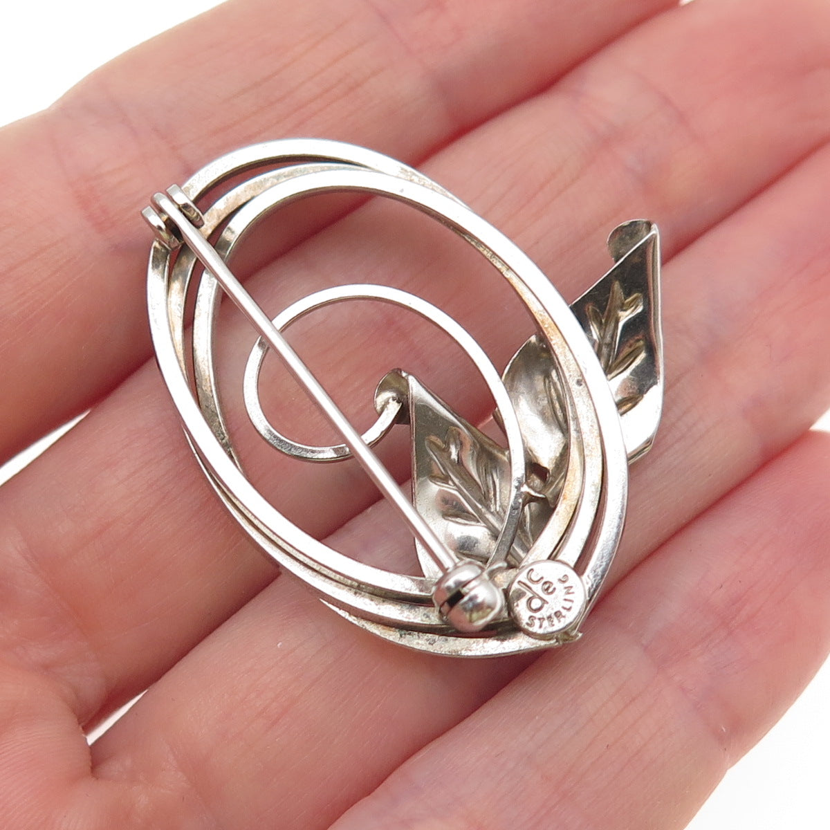 CURTIS 925 Sterling Silver Vintage Modernist Floral Leaf Oxidized Pin Brooch