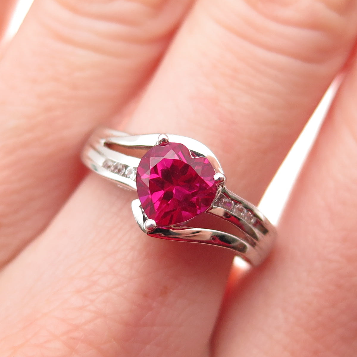 Chuck Clemency 925 Sterling Lab-Created Ruby & White Topaz Heart Ring Size 6.75