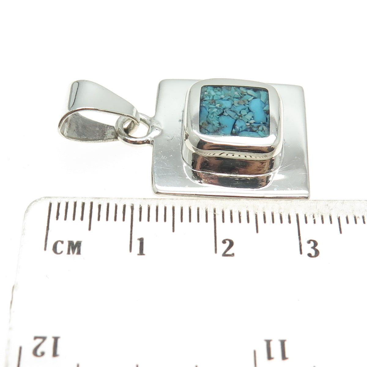 925 Sterling Silver Vintage Mexico Real Turquoise Inlay Square Pendant