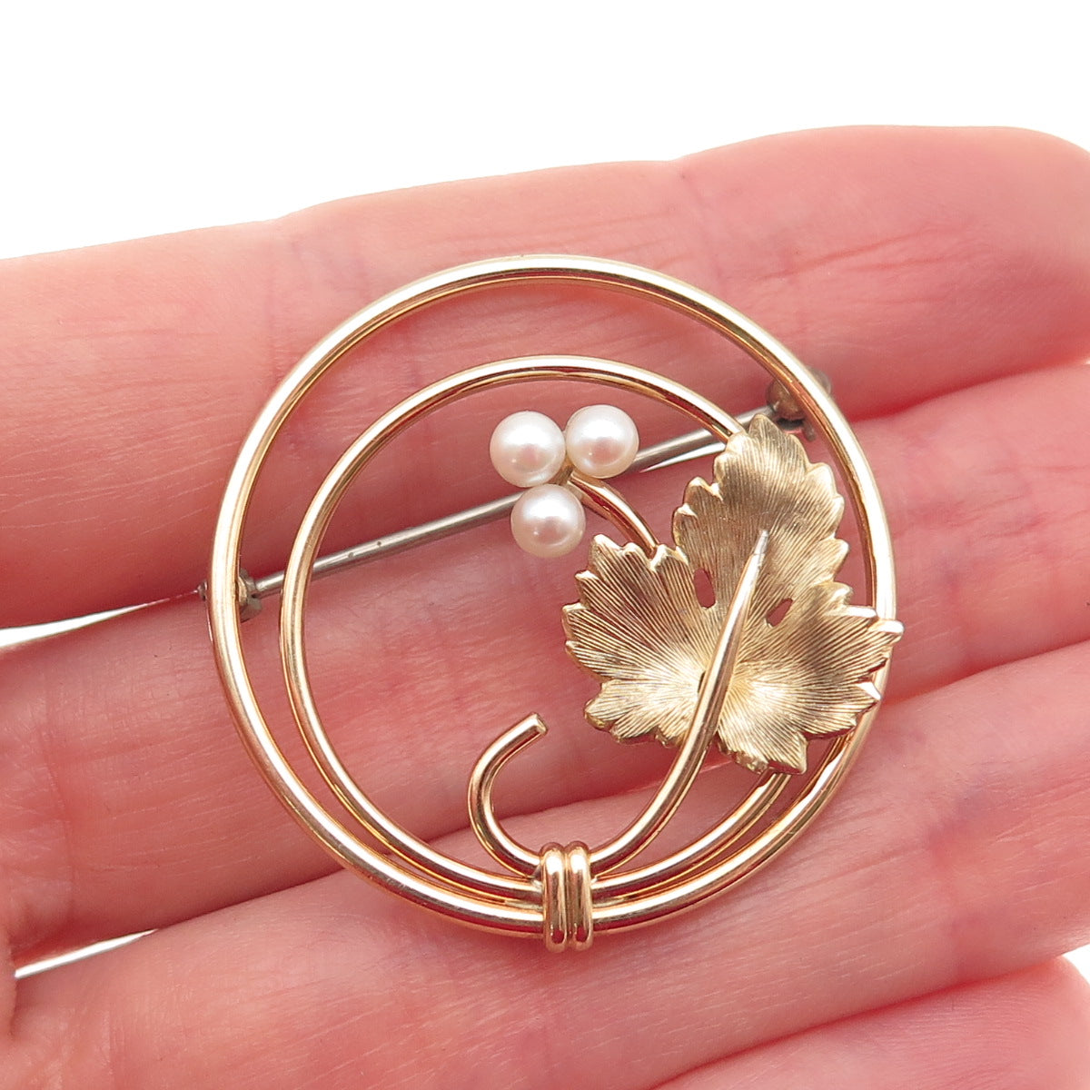 Krementz Gold Filled Vintage Real Pearl Floral Leaf Pin Brooch
