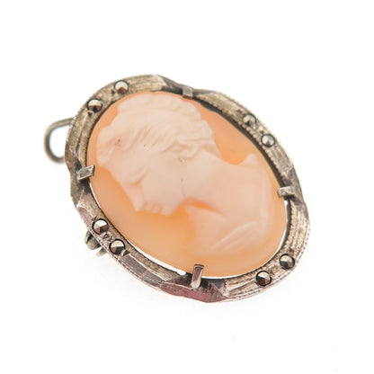 800 Silver Antique Real MOP & Marcasite Lady Cameo Brooch Pendant (missing hook)