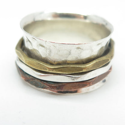 925 Sterling Silver 3-Tone Vintage Hammered Rotating Multi-Band Ring Size 8.5