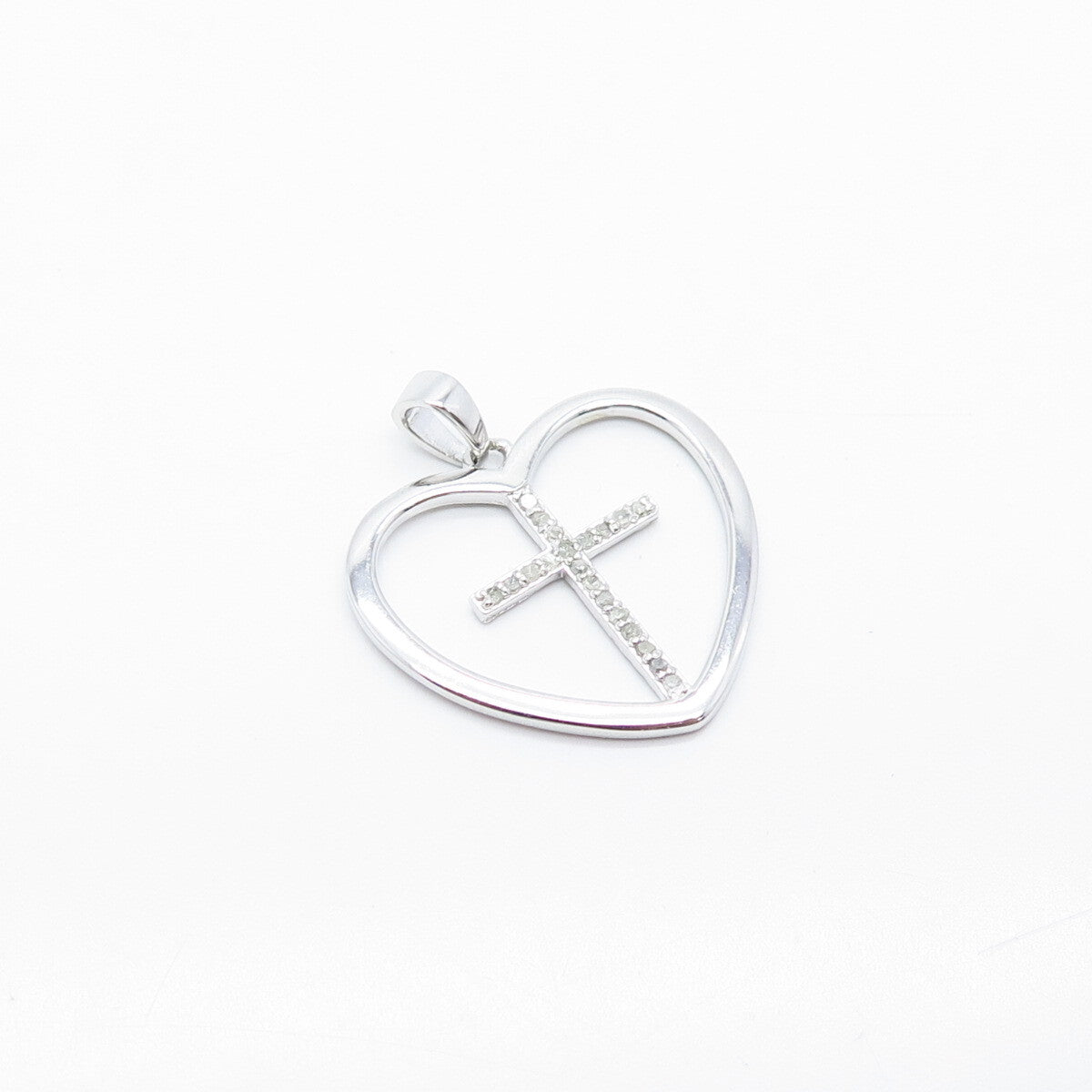 925 Sterling Silver Real White Diamond Cross & Heart Pendant