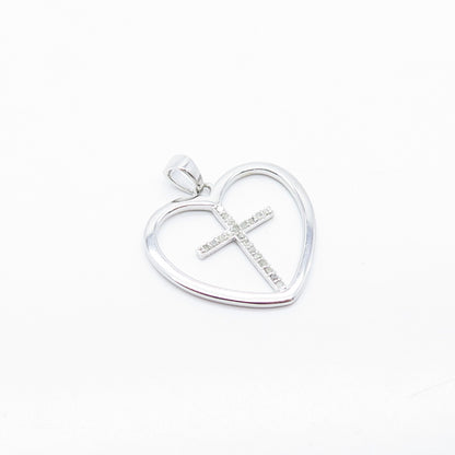 925 Sterling Silver Real White Diamond Cross & Heart Pendant