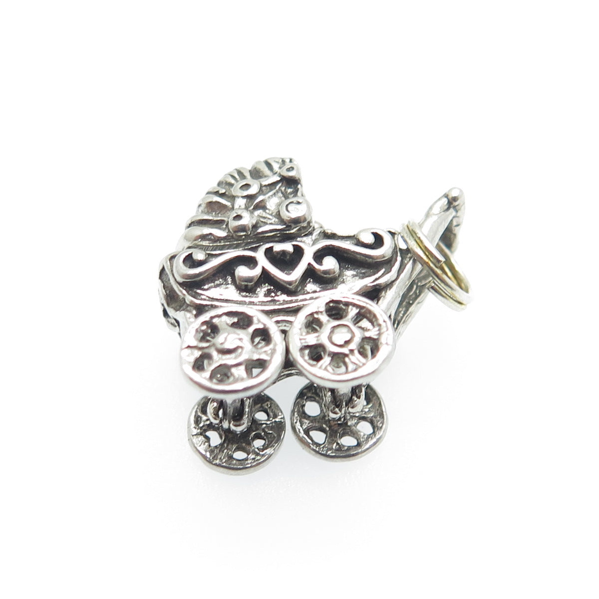 SUNRISE 925 Sterling Silver Vintage Baby Stroller Oxidized 3D Charm Mini Pendant