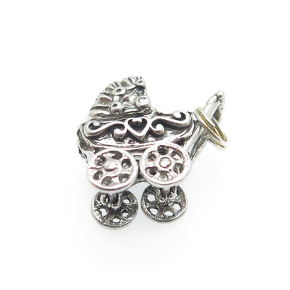 SUNRISE 925 Sterling Silver Vintage Baby Stroller Oxidized 3D Charm Mini Pendant