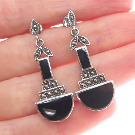 CHARLES WINSTON 925 Sterling Silver Vintage Black Onyx Marcasite Dangle Earrings