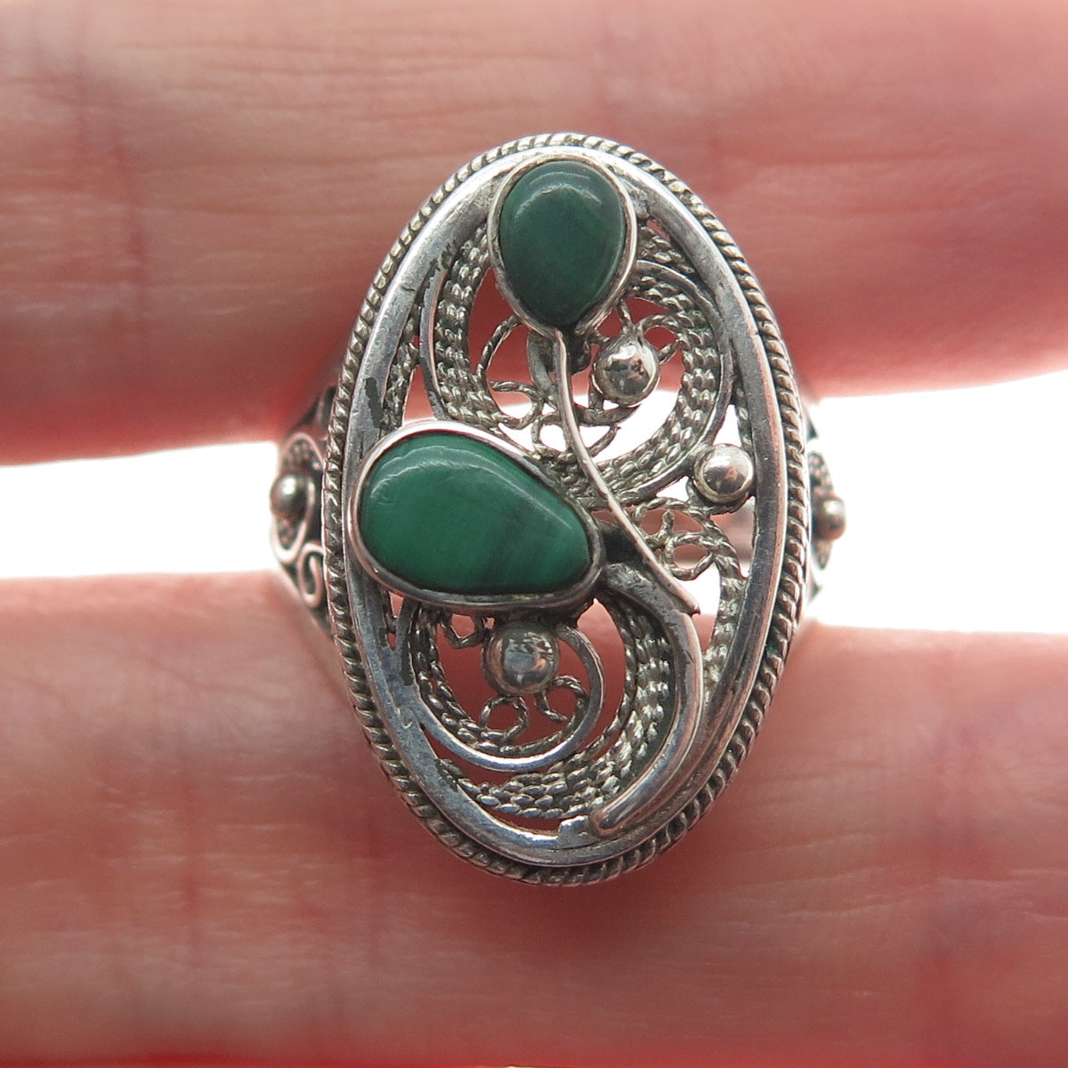 925 Sterling Silver Vintage Real Malachite Gem Filigree Oxidized Ring Size 9.25