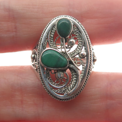 925 Sterling Silver Vintage Real Malachite Gem Filigree Oxidized Ring Size 9.25