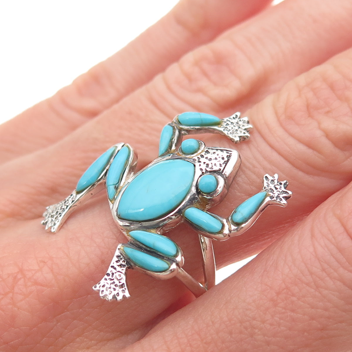 925 Sterling Silver Vintage Real Turquoise Frog Good Luck Ring Size 8.75