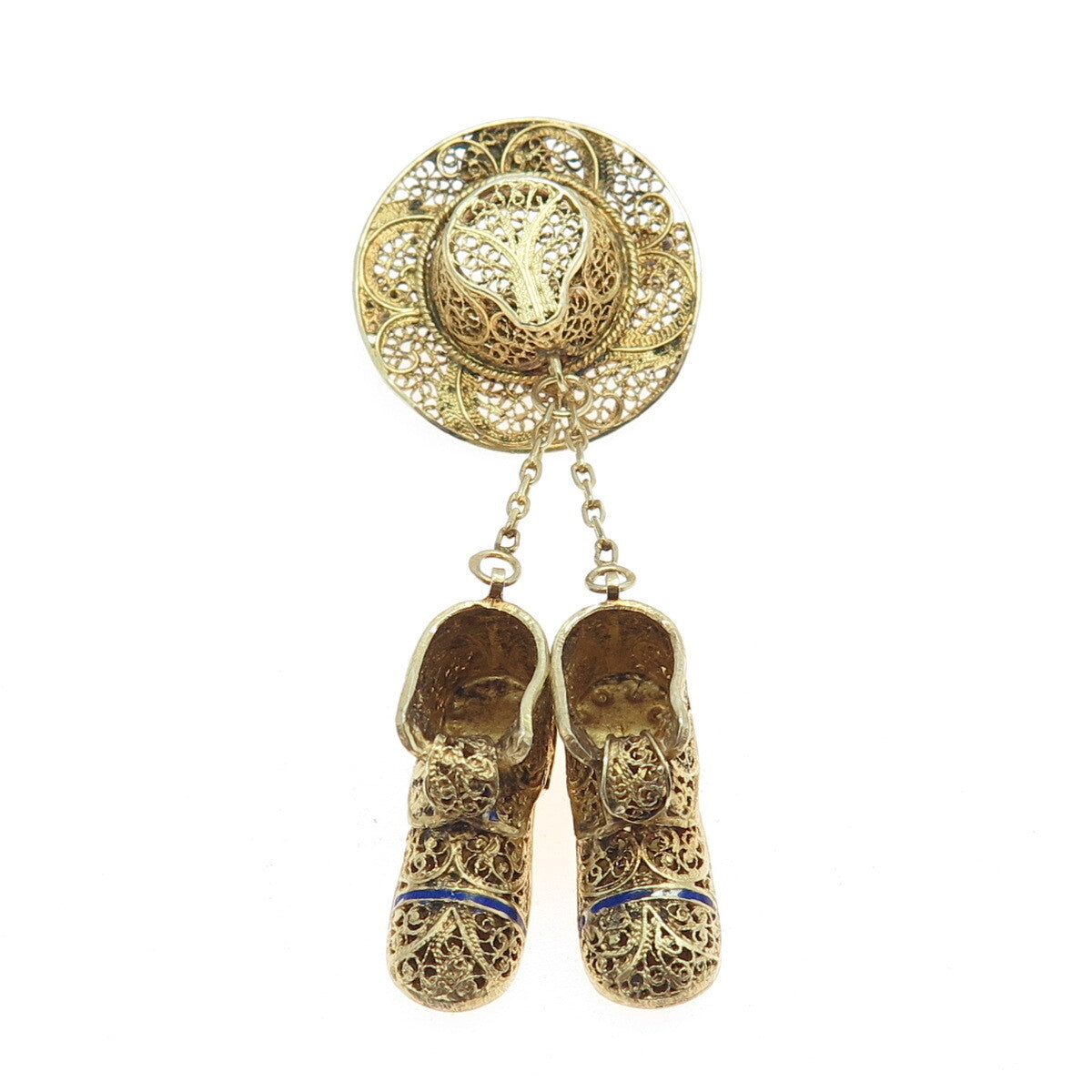 925 Sterling Silver Gold Plated Vintage Portugal Enamel Hat Boots Dangle Brooch