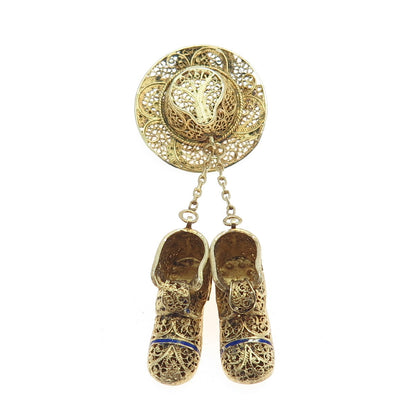 925 Sterling Silver Gold Plated Vintage Portugal Enamel Hat Boots Dangle Brooch