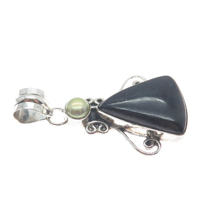 925 Sterling Silver Vintage Real Pearl & Black Onyx Modernist Oxidized Pendant
