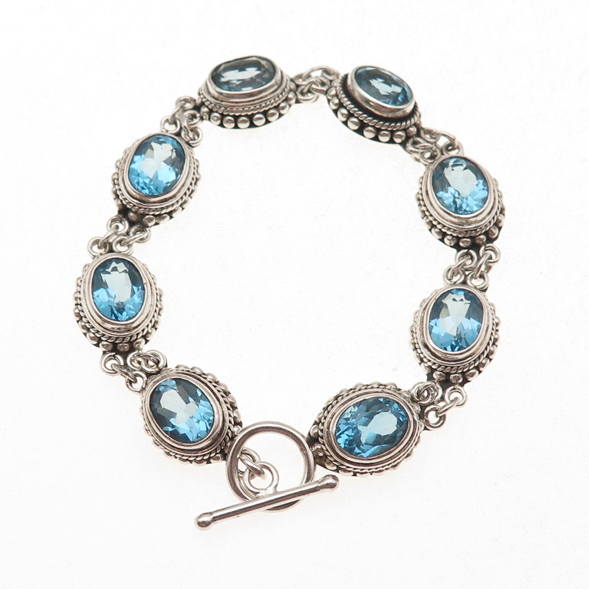 Suarti Bali 925 Sterling Silver Vintage Real Blue Topaz Beaded Bracelet 6.5"