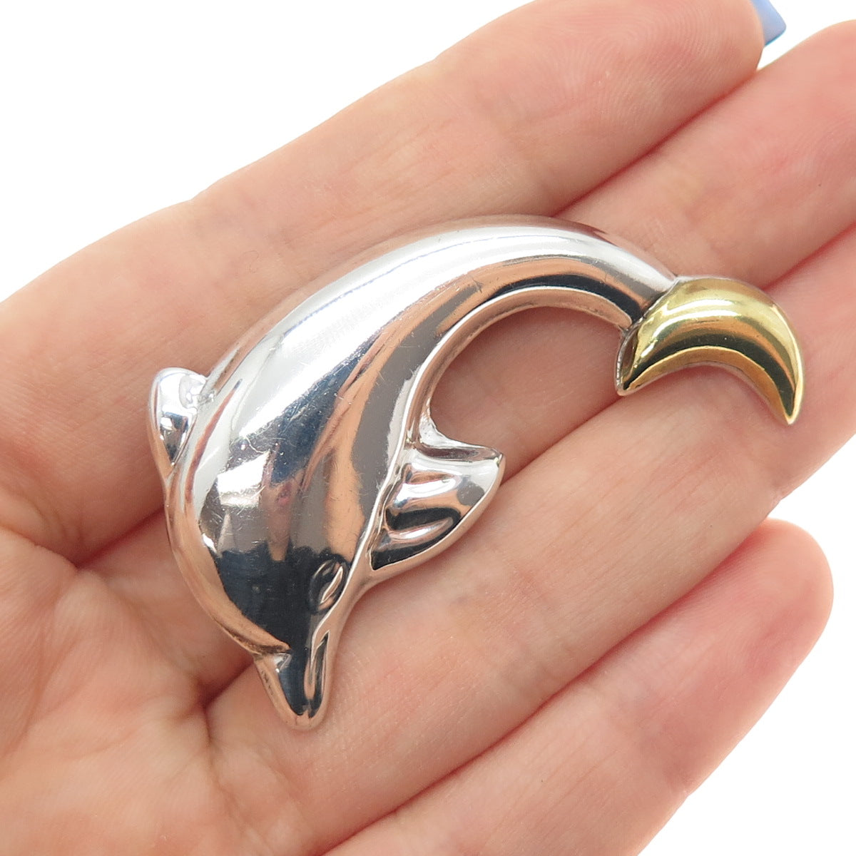 925 Sterling Silver 2-Tone Vintage Mexico Dolphin Pin Brooch