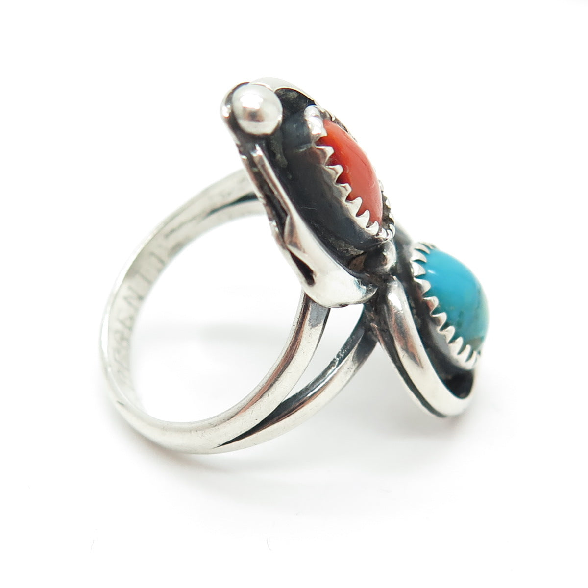 A.L. BECENTI NAVAJO Old Pawn 925 Sterling Silver Turquoise Coral Ring Size 7.25