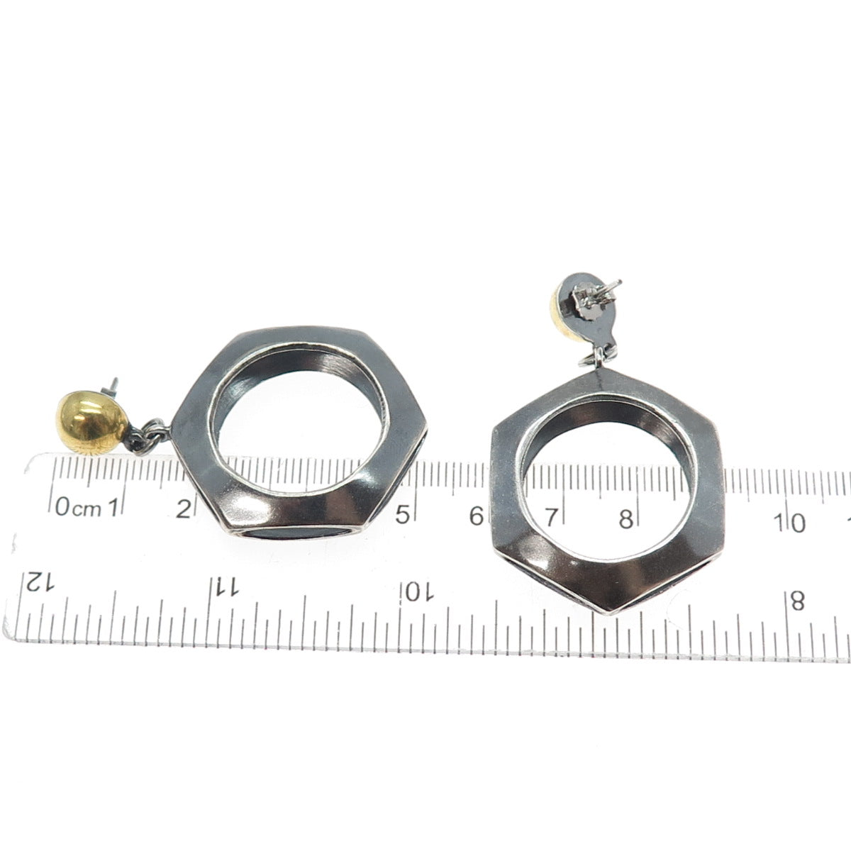 925 Sterling Silver 2-Tone Vintage Modernist Geometric Oxidized Dangle Earrings