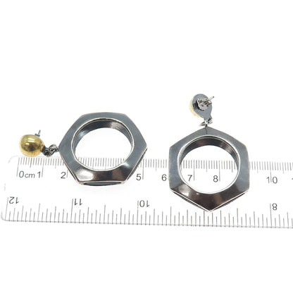 925 Sterling Silver 2-Tone Vintage Modernist Geometric Oxidized Dangle Earrings